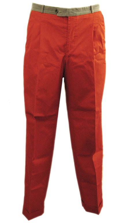 Porsche Prize 32 Footworks Aero's Mechanics Pants: A pair of polyester/cotton slacks. Red with a grey waistband and pockets. Red leather "Footwork Porche" sewn on the right hip. Great condition.