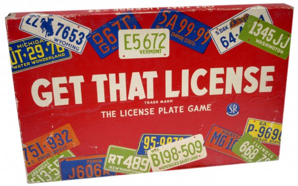 1955 "Get That License" Board Game: 1955 Selchow and Righter and Company board game. The objective of the game is to collect license plates from as many different states as possible. Includes a road map of the (continental) US, license 