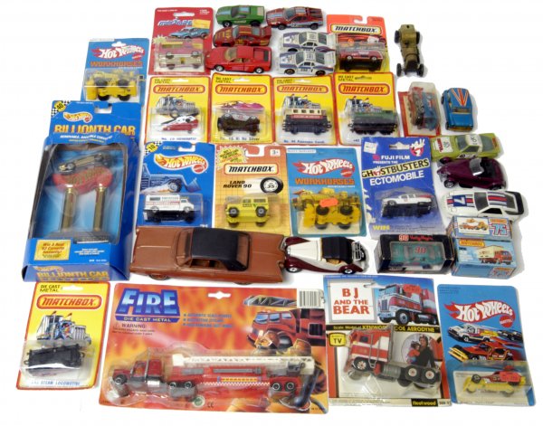 Collection of Hot Wheels & Matchbox Cars: Eclectic collection of die-cast cars, some still in packaging (used), and conditions vary. Of special interest are the Hot Wheels Billionth Car Collection Corvette Convertible, Ghostbusters Ectomobile