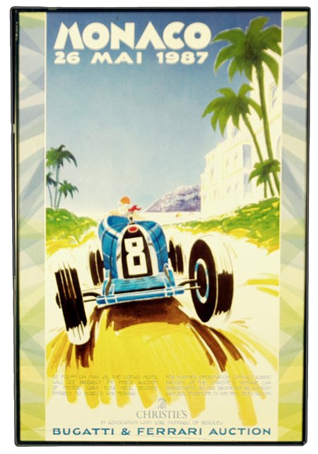 Monaco 1987 Poster Featuring Bugatti Type 35: which reads "Monaco 26 Mai 1987 - Chrisitie's in association with Lord Montaou of Beaulieu - Bugattie and Ferrari Auction". Framed to 20x30".