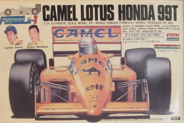 ARII Camel Lotus Honda 99T Motorized Model Kit: ARII Camel Lotus Honda 99T Motorized 1/24th scale kit. # A535-600. Snap togeather assembly with set in wide slick tyres. The instructions and parts are in unopened original plastic bag.