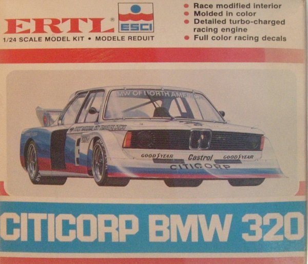 ERTL ESCI Citicorp BMW 320 1/24 Scale Model Kit: 1980's ERTL ESCI Citicorp BMW 320 1/24th scale kit. # 8261. The instructions and parts are in unopened original plastic bags.