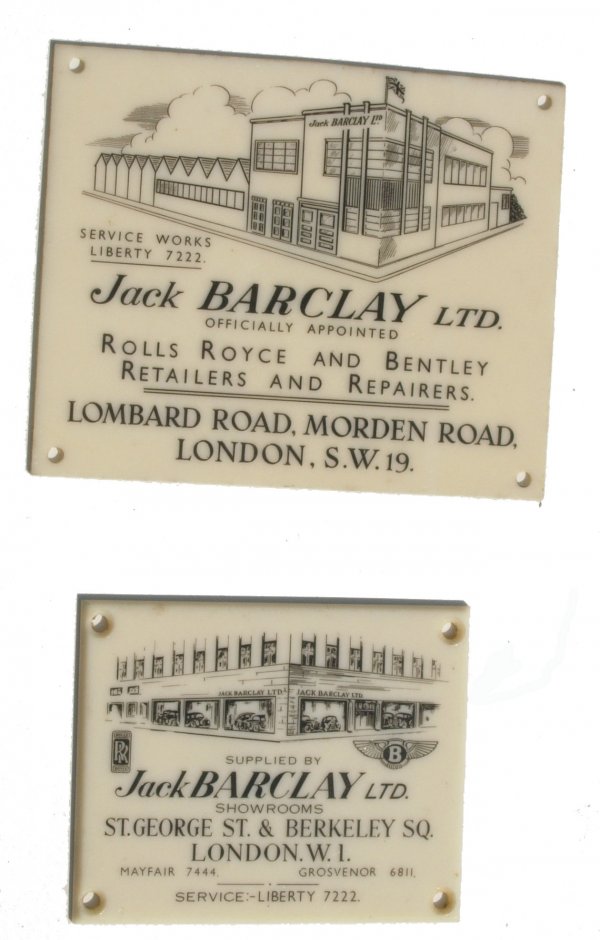 Rolls-Royce Repairer Jack Barclay Dash Plaques: " x 2" and 2" x 2.5", Ivory Color Acrylic) Larger plaque reads "Service Works Liberty 7222, Jack Barclay Ltd., Officially Appointed Rolls Royce [sic] and Bentley Retailers and Repairers, Lombard Road,