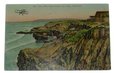 1918, Postcard The Cliffs, Ocean Beach, San Diego,: Picture postcard of a bi-plane over Ocean Beach, San Diego, California. The postcard bears a US 2c George Washington stamp tied with a San Diego cancel dated February 16, 1918. The card is addressed t
