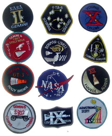 Lot of 11 Gemini Mission Patches.: (approx. 3" diameter each) A complete set of Gemini Mission patches. Including missions 2, 3, 4, 5, 6, 7, 8, 9 , 10, 11 and 12. Also included is a NASA "meatball" patch. All are in excellent condition