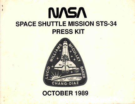 NASA STS 34 Press Kit: NASA STS 34 press kit. Published in 1989, Space Shuttle Mission STS-34 Press Kit (44pp., soft cover, stapled). Good condition with modest faults.