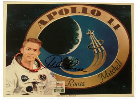 Apollo 14, Astronaut Stuart Roosa Autograph: on an official NASA color publicity lithograph (8x10") bearing a Houston Tex. landing date cancel of Feb. 9, 1971 and a U.S. airmail 6c postage stamp. Roosa signed in black Sharpie. Excellent conditio