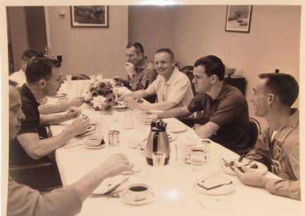 1966,Gemini 8 Astronauts Pre Flight NASA #'d Photo: an official NASA black and white publicity photograph (8x10) Number 66-H-288, S66-24436, 104-KSC-66-4463 of Gemini 8 astronauts Neil Armstrong and David Scott enjoying breakfast with fellow astronauts