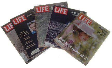1969//1971 5 Life Magazines Featuring Apollo: Lot of 5 Life magazines with articles entitled "Brainstorming the Moon, Off the Moon, On the Moon, Apollo 12 on the Moon and Roving the Moon". Good condition with modest faults.