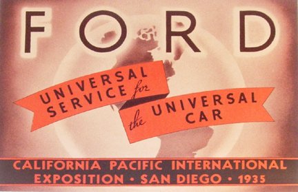 1935, Ford Brochure Calif Pacific Int'l Expo : Printed in black, white and orange, this 5 x 7" brochure (8 pg, stapled, soft cover) was used as a handout at the California Pacific International Exposition held in San Diego in 1935. The brochure pr