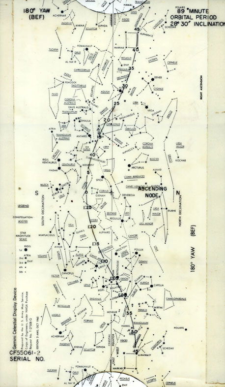 Gemini 11 Dick Gordon FLOWN Star Chart: FLOWN Star Chart prepared by the US Army Map Service Corps of Engineers for NASA, edition October 1965. The double-sided fold-out chart comes enclosed in a transparent plastic sleeve (11x6.75") serial