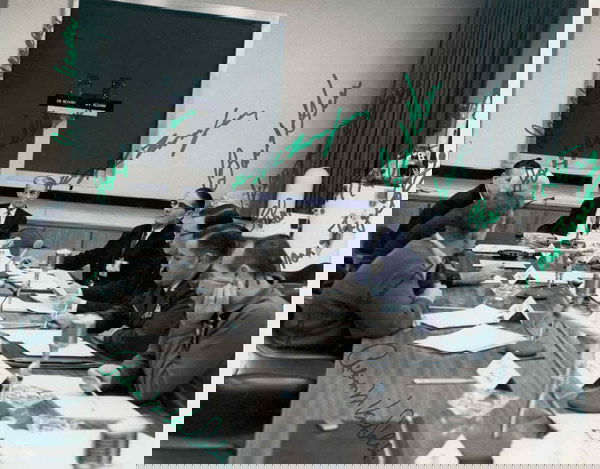 Apollo 1 204 Review Board Autographed Photograph: Apollo 204 Review Board Autographed Photograph (green ink) on a NASA (8 x 10") black and white photograph. Autographed by Frank Borman, Dr. Floyd Thompson, John Williams, George Malley, E. Barton Gree