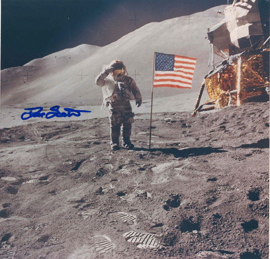 Apollo 15 Astronaut David Scott Autograph: Apollo Astronaut David Scott Autograph on a color photograph (on Kodak paper, 8 x 10") of him saluting the flag on the lunar surface. Attractive.