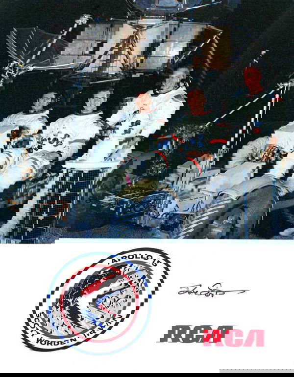 Apollo 15 Astronaut David Scott Autograph: Apollo Astronaut David Scott Autograph on a color RCA promotional sheet (8 x 10") which features the Apollo 15 crew with Lunar Rover on the front, and Apollo 7 - 15 mission summaries on the reverse. A