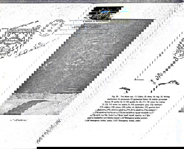 Apollo 15 David Scott &Herman Oberth Autographs: Astronaut David Scott and Herman Oberth Autographs on a photocopy of the original 1957 design by Herman Oberth for his "Moon Car", which bears a First Day of Issue 8 cent "A Decade of Achievement" sta