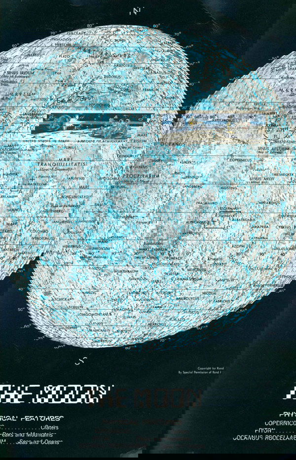 Apollo 15 Astronaut David Scott Autograph: Apollo Astronaut David Scott Autograph on a map of the near side of the Moon produced by Rand Mc Nally and bearing two First Day of Issue 8 cent "Decade of Achievement" stamps tied with a Kennedy Spac