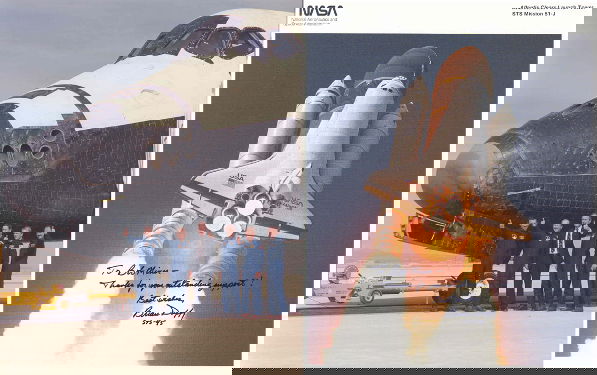 Brian Duffy Autograph on a NASA (8 x 10") color li: Brian Duffy Autograph on a NASA (8 x 10") color lithograph of the STS 51-J launch. Inscribed "To Bob Minor, thanks for your outstanding support! Best wishes, Brian Duffy, STS-45". ALSO included is a (