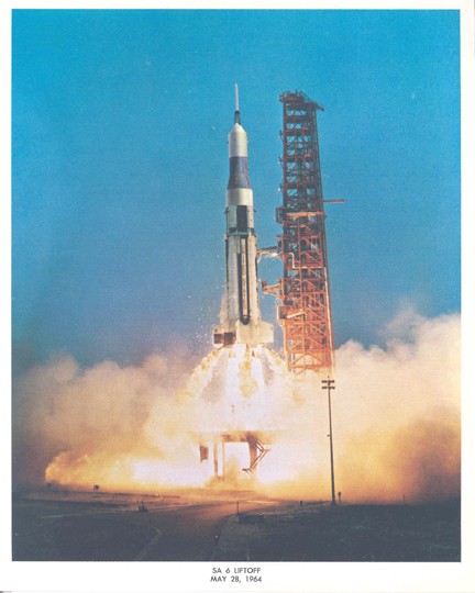 1964, Saturn SA 6 Liftoff Lithograph: SA 6 Liftoff color lithograph (8 x 10) dated May 28, 1964. The first five launches of the Saturn I rocket had carried Jupiter-C nosecone that was a proven design, allowing engineers to focus on the de