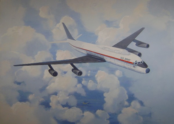 DC-8 Ballistic Missile Defense Concept Art: (28 x 22") on a canvas panel. This original artwork shows the concept DC-8 test bed configuration as a ballistic missile defense aircraft in flight. This variant of Douglas' DC-8 was never built. Very