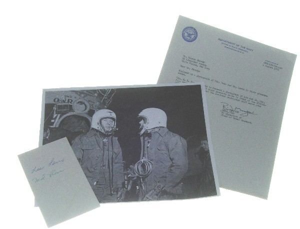 1956 Strato Lab Malcolm Ross & Lee Lewis Autographs: on a white card (3 x 5"). Project Strato-Lab was a high-altitude manned balloon program sponsored by the United States Navy during the 1950s and early 1960s which evolved from the Navy's unmanned ball