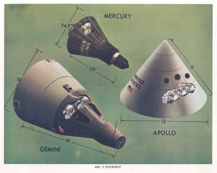 2 Lithos of Mercury, Gemini & Apollo Spacecraft: Lot of 2 color NASA official color lithographs (8 x 10") depicting Mercury, Gemini and Apollo space craft with dimensions. Excellent condition.