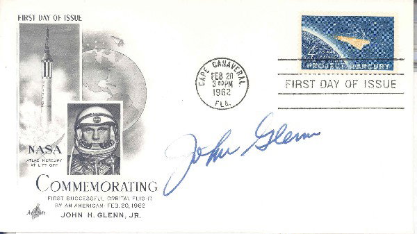 Mercury 6 Glenn Autographed Project Mercury Stamp: The first day of issue cover bears a black and white cachet comemmorating Glenn's orbital flight, and the special 4-cent Project Mercury stamp that had been designed and printed in secret by the US Po