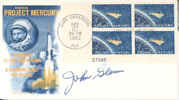 Mercury 6 Glenn Autographed Project Mercury: The cover bears a blue, yellow and white cachet of the launch of the Mercury MA 6 and a portrait of Glenn in his helmet, and four of the special 4-cent Project Mercury stamps that had been designed an