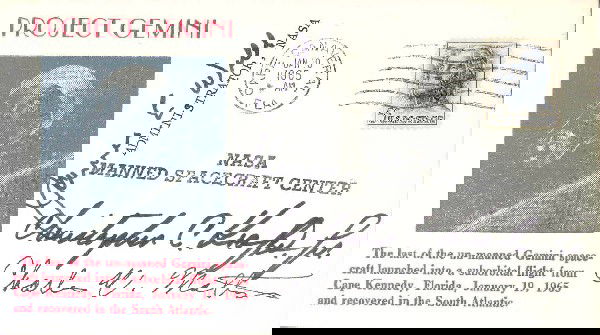 Kraft Webb Mathews Signed Last Unmand Gemini Cover: NASA Administrator James Webb (black Sharpie), Flight Controller Chris Kraft (black Sharpie) and Gemini Program Manager Charles Mathews (black ink) have signed a Project Gemini spacecraft unmanned lau