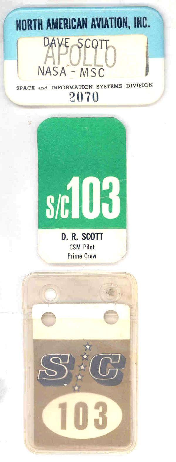 Apollo 9 Astro Scott North American Avia. Name Tag: (2.75 x 1.75") This official North American Aviaton identification name tag is composed of three parts: a printed metal name tag which reads: "David Scott Apollo NASA - MSC North American Aviation, In