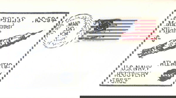 Apollo 9 U.S. Navy Recovery Cover: Apollo 9 U.S. recovery cover with a black cachet a rubber stamped Apollo Manned Flight 9 AS 504 US Navy Atlantic Recovery Force cachet, a USS Guadalcanal landing cancel dated Mar 13, 1969 and one 6c U