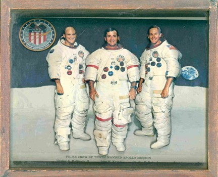 Apollo 10 Shadow Box: a commemorative 3D shadow box (10 x 9") self-fashioned from a NASA color publicity lithograph of the crew with raised portraits. Interesting.