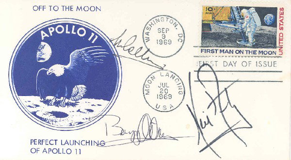 Apollo 11 Armstrong Aldrin & Collins Autographs: on a 10c Moon Landing FD cover with a blue crew patch cachet. Excellent condition.