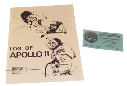 Apollo 11 "Log of Apollo 11" NASA Book: 1989, "Log of Apollo 11" (13pp., soft cover stapled). Also included is an Apollo 11 Reunion Party admission ticket. Excellent condition.