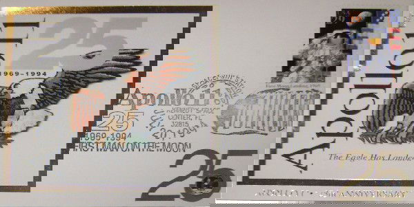 Apollo 11 25th Anniversary Commemorative Cover: bearing an Apollo 11 The Eagle Has Landed cachet, a Spaceport Station Kennedy Space Center 20, July 1994 cancel and a 29c U S postage stamp. Excellent condition.