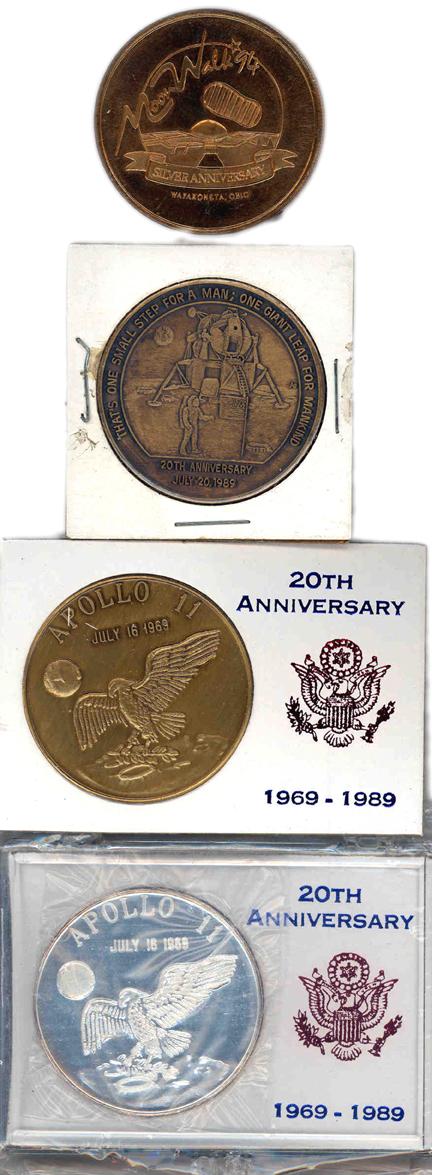Lot of Four Apollo 11 Commemorative Coins: Four Apollo 11 commemorative medallions: 1) 1 troy ounce sterling silver medallion (1.5" diameter) commemorating the 20th anniversary of Apollo 11; bronze medallion (1.5" diameter) celebrating the Apo