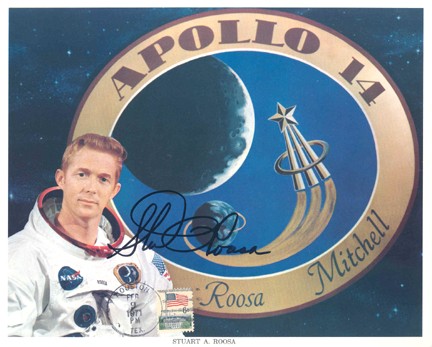 Apollo 14 Astronaut Stuart Roosa Autographed Litho: on an official NASA color lithograph (8x10") bearing a Houston Tex. launch date cancel dated Feb 9, 1971 and one US airmail 6c stamp featuring US flag over The White House. Roosa signed in black Sharp