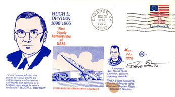 Apollo 15 Astronaut David Scott Autograph: in black ink on a Hugh L. Dryden commemorative cover. The cover bears a picture portrait of Dryden and the Dryden Research Center cachet, and a US 13c flag postage stamp tied with an Edwards, CA cance