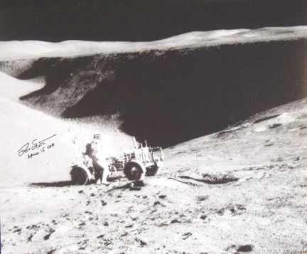 Apollo 15 Astronaut David Scott's Autograph: on an oversize black and white photograph (20 x 18") contemporarily printed on Fuji paper. Scott signed in black Sharpie " David Scott Apollo 15 CDR." Excellent condition. Aurora COA included.