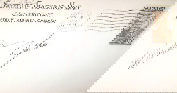 Apollo 15 Alfred Worden & James Irwin Autogra: on a Satellite Tracking Unit, C.F.B. Cold Lake, Medley, Alberta Canada cover with a Medley Alberta launch date machine cancel of "VII [July] 26, 1971" and a Canadian airmail 6 cent postage stamp featu