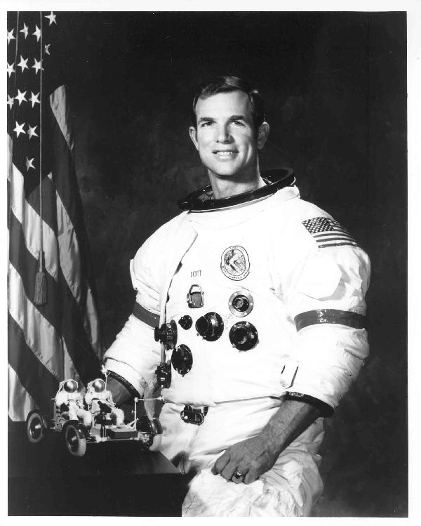Apollo 15 Astronaut David Scott NASA Photograph: NASA # 71-HC-1465, 71-H-1868 black and white publicity photograph printed on Kodak paper of astronaut David Scott in his space suit . Excellent condition.