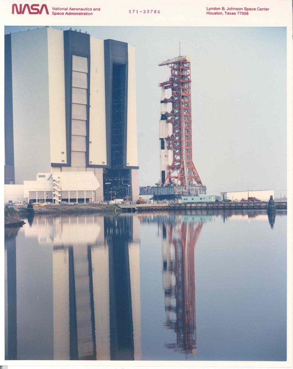 Apollo 15 Lot of 4 NASA Red #'d Photographs: Lot of 4 NASA red #"d color photographs on Kodak paper (8 x 10") including S71-33786 View of Apollo 15 space vehicle leaving VAB to Pad A, Launch Complex 39, S71-41356 Launch of the Apollo 15 space ve
