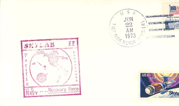 Skylab 2 US Navy Recovery Force Cover: The cover bears a wine colored Pacific Recovery Force cachet, US 8c "US flag" and 10c "Skylab" stamps tied with a USS Ticonderoga cancel dated June 22, 1973. Excellent condition.