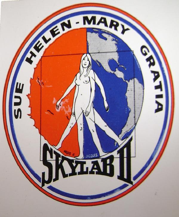Skylab 2 "Wives Patch" Sticker: A sticker (4 x 4") bearing the "wives logo" for Skylab II. The logo was based on a work by DaVinci, and bears the first names of the crew's wives Sue, Helen Mary and Gratia. Very good condition. Ex: t