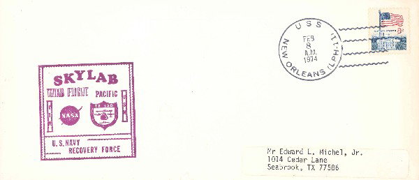 Skylab 3 Cover: A cover bearing a magenta US Navy rubber stamped launch/recovery cachet, a U S S New Orleans landing cancel dated February 8, 1974 and one 8c US airmail postage stamp featuring a US flag over the Whit