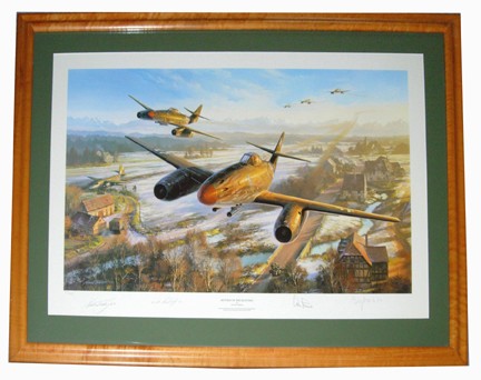 WWII German Luftwaffe Aces Galland Rodorffer +: WWII German Luftwaffe Aces Adolf Galland, Erich Rudorffer and Fritz Tegtmeier Autographs on "Return of the Hunters" by Nicholas Trudgian (29 x 20", professionally framed and matted to (36 x 27") A lim
