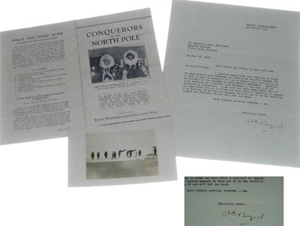 Admiral Richard Byrd Autographs on a Letter: In the letter included in this lot, typed on bond stationery, addressed to the president of Rollins College and signed by Byrd in black ink, Byrd declines attendance at an event at the college to rece