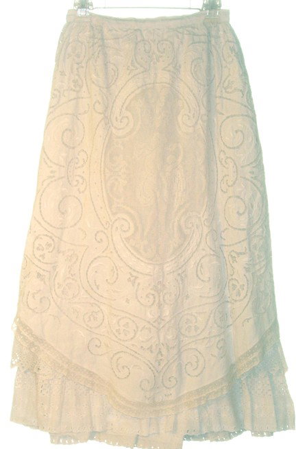 Womans Cotton Lace Skirt: This white cotton Victorian / Edwardian skirt is an absolute confection, with a decorative overskirt and eyelet lace ruffles around the hem. Measurements flat (double these for actual measurement of g