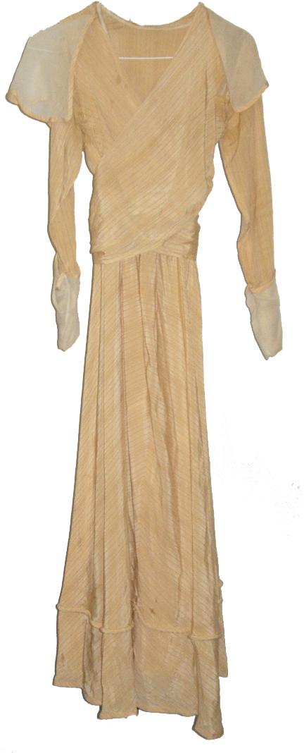 Womans Edwardian Dress : This late Edwardian style dress features a long cape like collar and a cross over wrap bodice that ties in the back. Some spotting but in very good condition. Measurements flat (double these for actua
