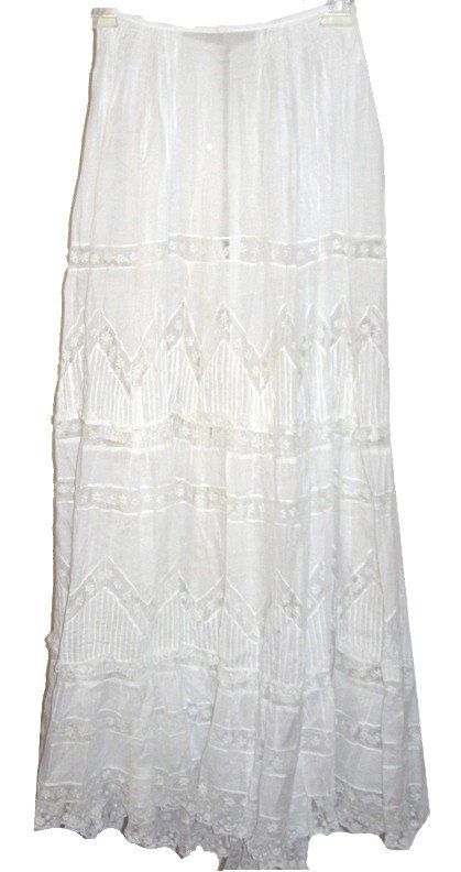 Womans Edwardian White Cotton and Lace Petticoat: Delicate Edwardian white Cotton exquisitely embellished with lace inset panels. Measurements flat (double these for actual measurement of garment – please note that these are the measurements of the