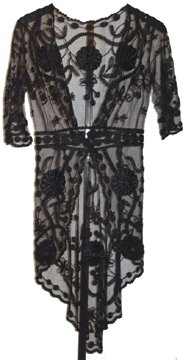 100117A: Womans Edwardian Black Overjacket: Exquisite Edwardian lace jacket with floral embroidery. Excellent condition.